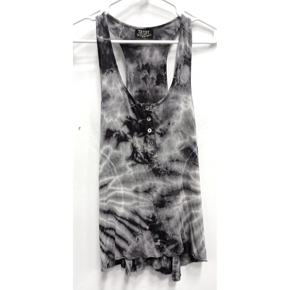 Tryst Henley Tank Top Womens Small Gray Tie Dye Racerback BOHO Hippie Sleeveless